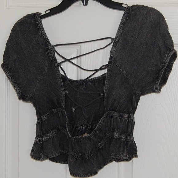 Rebellion Again, Size M, Rayon Crop Top, Strappy Back Off Shoulder, Gray - Picture 11 of 15